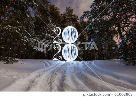 2020 written on the air with glowing ball at the background of winter forest 2020 written on the air with glowing ball at the background of winter forest 61002902