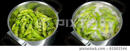 Edamame, green soybeans, maodou, raw and boiling Edamame, green soybeans, maodou, raw and boiling 61003544