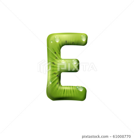 Letter E isolated green kiwi font with water drops Letter E isolated green kiwi font with water drops 61008770