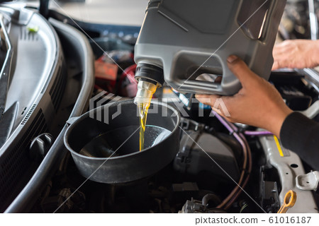 Car mechanic fills a fresh lubricant engine oil 61016187