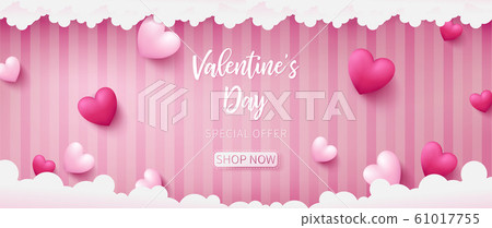 Valentine banner consist of two tone colors of heart shape such as pearl pink and deep pink over sweet pink pattern background 61017755