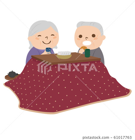 Illustration of an elderly couple. An elderly couple warms up in a kotatsu in the cold winter. Illustration of an elderly couple. An elderly couple warms up in a kotatsu in the cold winter. 61017763