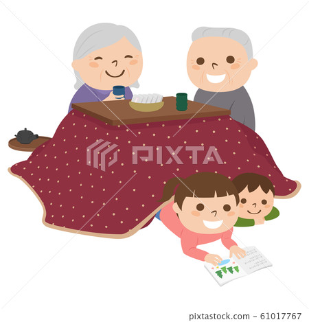 Illustration of an elderly couple. An elderly couple and grandchildren warm up in a kotatsu in a cold winter. 61017767
