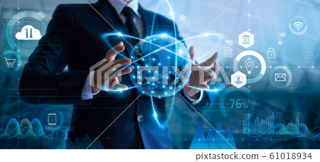 Businessman holding global data network and analyzing sales data and economic growth. Technology and business strategy. Di Businessman holding global data network and analyzing sales data and economic growth. Technology and business strategy. Di 61018934
