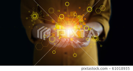 Hands holding global network connection. Blockchain technology. Data exchange. Big data stream futuristic, linking, cloud computing, internet communication and social media. 61018935