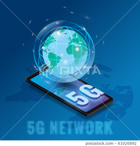 Isometric 5G network wireless technology template. Letters 5G smartphone with Earth planet. Fifth innovative generation of the global high speed Internet network. Vector concept illustration isolation 61020892