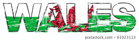 Word WALES with Welsh flag under it, distressed Word WALES with Welsh flag under it, distressed 61023113
