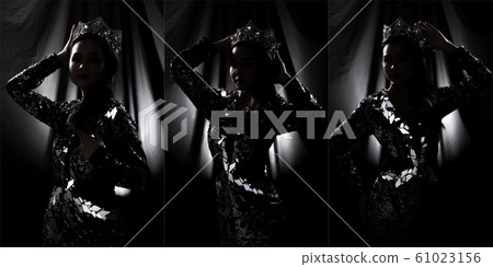 Silhouette Low Exposure of collage group pack Portrait of Miss Pageant Beauty Contest in Mirror sequin Evening Gown sparkle Diamond Crown, Asian Woman feels confident in Black cloth drape background, 61023156