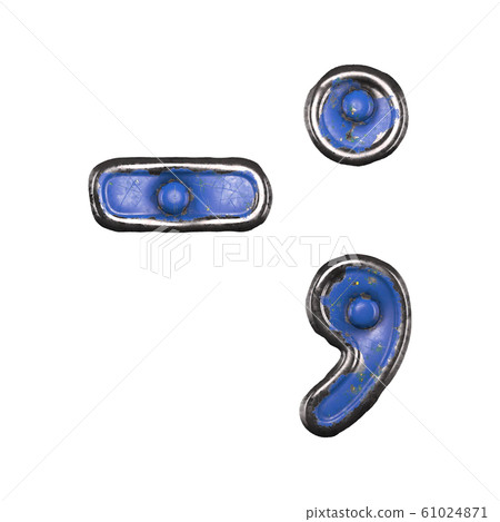 Symbol dash and semi-colon made of painted metal with blue rivets on white background. 3d Symbol dash and semi-colon made of painted metal with blue rivets on white background. 3d 61024871