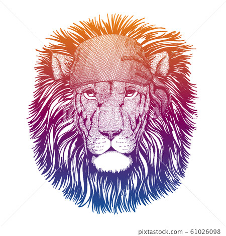 Lion. Wild pirate or biker. Vector animal portrait. Sailor, motorcyclist. Print for children clothing, tee. Kids fashion. 61026098
