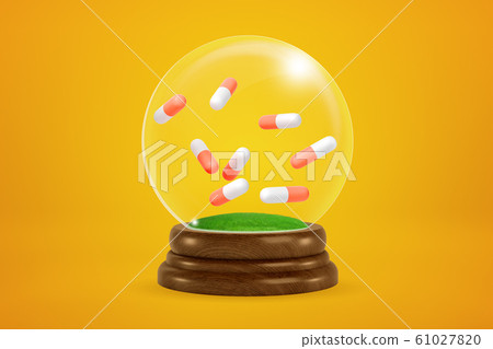 3d rendering of eight two-colored pills floating inside snowglobe on amber background. 61027820