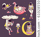 Astronaut set. Alien, hippie meditating on Moon, 61028550