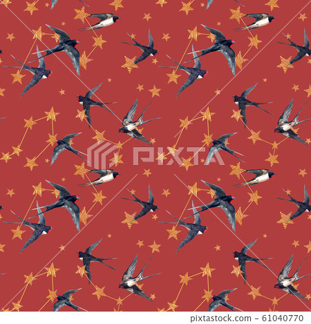 Beautiful seamless pattern with watercolor hand drawn stars and swallow birds. Starry sky. Stock Illustration. 61040770