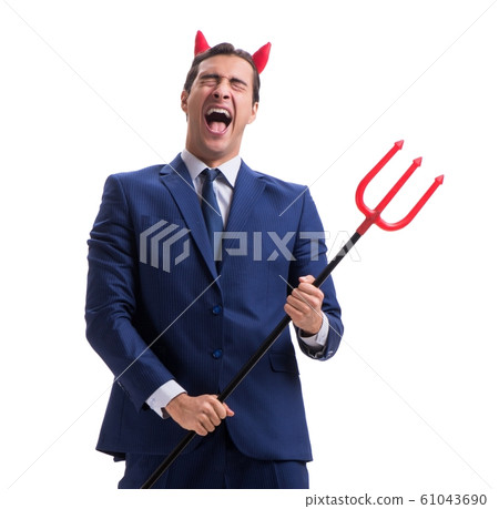 Evil devil businessman with pitchfork isolated on white backgrou Evil devil businessman with pitchfork isolated on white backgrou 61043690