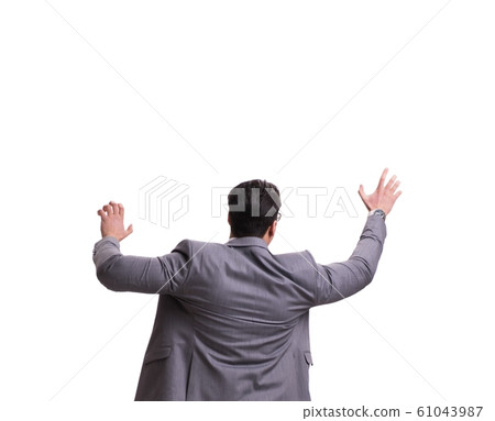 Businessman climbing virtual obstacle isolated on white 61043987