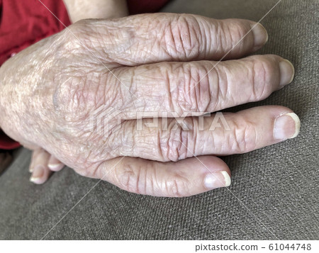 Closeup wrinkled hands of an old woman Closeup wrinkled hands of an old woman 61044748