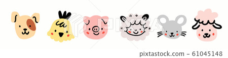 Dog, chicken, pig, sheep, mouse, goat round face 61045148