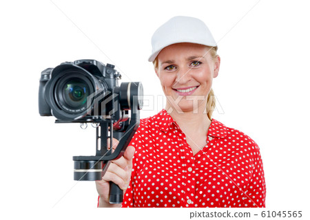woman videographer using steady cam, on white 61045565