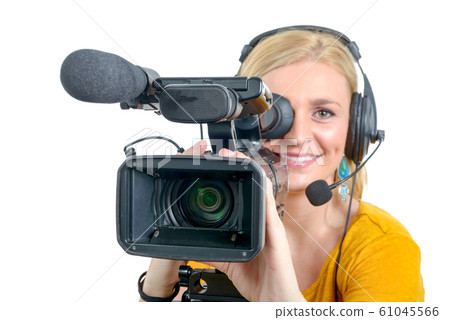 blond young woman with professional video 61045566