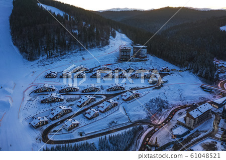 Yaremche. Ukraine. 6 March 2018. Bukovel. Aerial view of the mountains. Carpathians. Winter. Snow. Yaremche. Ukraine. 6 March 2018. Bukovel. Aerial view of the mountains. Carpathians. Winter. Snow. 61048521