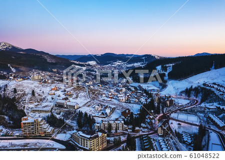 Yaremche. Ukraine. 6 March 2018. Bukovel. Aerial view of the mountains. Carpathians. Winter. Snow. 61048522