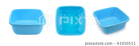 Set blue plastic wash bowl isolated on white 61050511