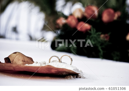 Wedding rings in sand on tropical beach 61051306