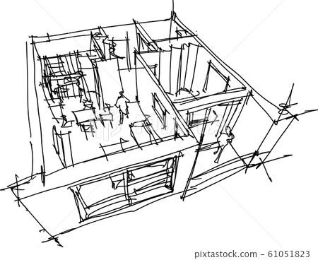 hand drawn sketch of Perspective cut away diagram of a one bedroom apartment completely furnished  61051823