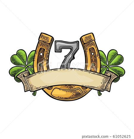 Four leaf clover, horseshoe, number seven, ribbon. 61052625