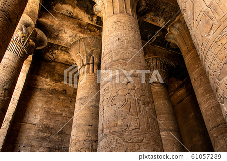 ancient egyptian architecture ruins. hieroglyphs and columns of the Temple of Horus at Edfu, in Egypt ancient egyptian architecture ruins. hieroglyphs and columns of the Temple of Horus at Edfu, in Egypt 61057289