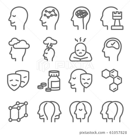 Psychology icons set vector illustration. Contains such icon as Depress, Brain, Thoughts, Mind, Strategy and more. Expanded Stroke Psychology icons set vector illustration. Contains such icon as Depress, Brain, Thoughts, Mind, Strategy and more. Expanded Stroke 61057828