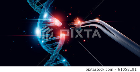 Abstract luminous DNA molecule. Genetic and gene manipulation concept. Cut of replacing part of a DNA molecule. Medicine. Innovative in science. Medical science and biotechnology. 61058191