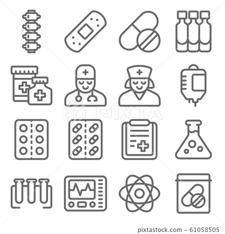 Medical Vector Line Icon Set. Contains such Icons as Doctor, Nurse, Bones, Report, Bag Blood and more. Expanded Stroke 61058505