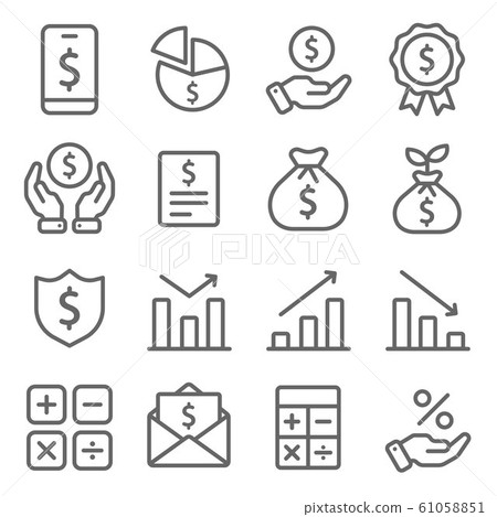 Finance icons set vector illustration. Contains such icon as calculator, Financial Agreement, Growth, Business Report and more. Expanded Stroke Finance icons set vector illustration. Contains such icon as calculator, Financial Agreement, Growth, Business Report and more. Expanded Stroke 61058851