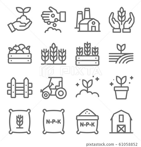 Farming icons set vector illustration. Contains such icon as agriculture, planting, fertilizer, fence and more. Expanded Stroke 61058852