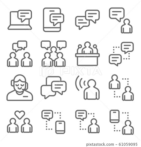 Communication Vector Line Icon Set. Contains such Icons as Message, Public Speaker, Chat, Customer Support, Listener and more. Expanded Stroke 61059095