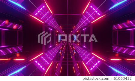futuristic science-fiction tunnel corridor with metal steal wire-frame kontur and endless glowing lights 3d illustration background wallpaper graphic design 61063432