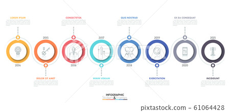 Horizontal timeline with 8 circular elements, thin line icons inside them, year indication and text boxes. Minimal infographic design template. 61064428