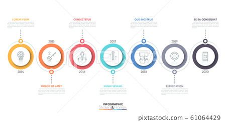 Horizontal timeline with 7 circular elements, thin line icons inside them, year indication and text boxes. Minimal infographic design template. 61064429