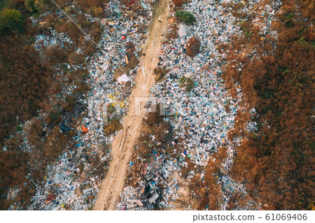 Aerial View Of Domestic Garbage. Bird's-eye View Of Junk. Domestic Waste In Landfill Junkyard. Eco Concept Garbage Disaster From Ecological Pollution Of Environment. Waste Pollution Problem. 61069406