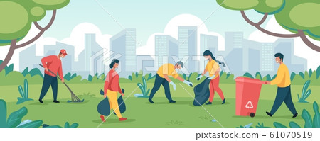 Volunteers clean garbage. Happy people community collecting trash at park territory or forest. Vector cartoon characters volunteering Volunteers clean garbage. Happy people community collecting trash at park territory or forest. Vector cartoon characters volunteering 61070519
