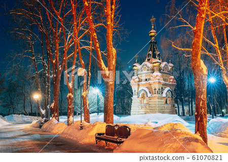 Gomel, Belarus. City Park In Winter Night. Chapel-tomb Of Paskevich 1870-1889 Years In City Park. Rumyantsevs And Paskeviches Park. Famous Local Landmark In Snow Gomel, Belarus. City Park In Winter Night. Chapel-tomb Of Paskevich 1870-1889 Years In City Park. Rumyantsevs And Paskeviches Park. Famous Local Landmark In Snow 61070821