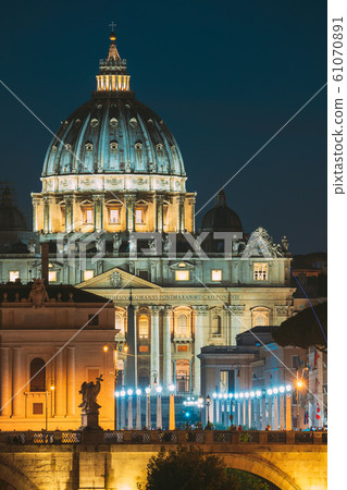 Rome, Italy. Papal Basilica Of St. Peter In The Vatican And Aelian Bridge In Evening Night Illuminations 61070891