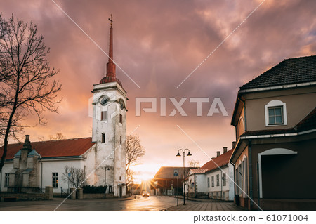 Kuressaare, Estonia. Kuressaare St. Lawrence Church In Sunlight Sunrise Or Sunset Time 61071004