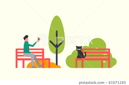 Man Sitting on Bench, Black Cat, Autumn Trees 61071285