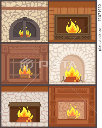 Fireplace Wooden and Stone Paved Furnaces Set Fireplace Wooden and Stone Paved Furnaces Set 61071660
