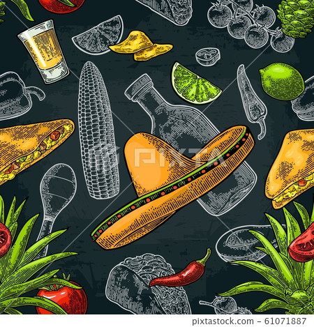 Seamless pattern mexican food. Glass tequila, Seamless pattern mexican food. Glass tequila, 61071887