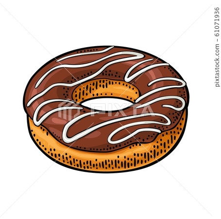Donut with chocolate icing and white stripes. Donut with chocolate icing and white stripes. 61071936