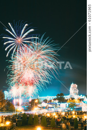 Minsk, Belarus. Festive Salute During Celebration Of The Day Of Minsk City. Summer Evening, Night Illumination 61071965