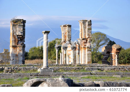 Greece Philippi archeological site Basilica B and Mt. 61072774